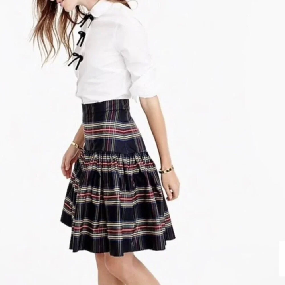 J. CREW Size 4 Stewart Plaid Drop Waist Taffeta Skirt Preppy Pleated Tartan - Picture 1 of 9